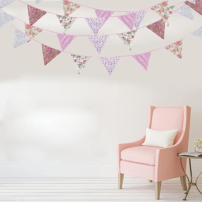 Zwiebeco 32Ft Pink Purple Rustic Floral Fabric Pennant Banner Triangle Flags Cotton Retro Flowers Bunting Party Decorations for Birthday Engagement Wedding Spring Vintage Village Home Garden Decor