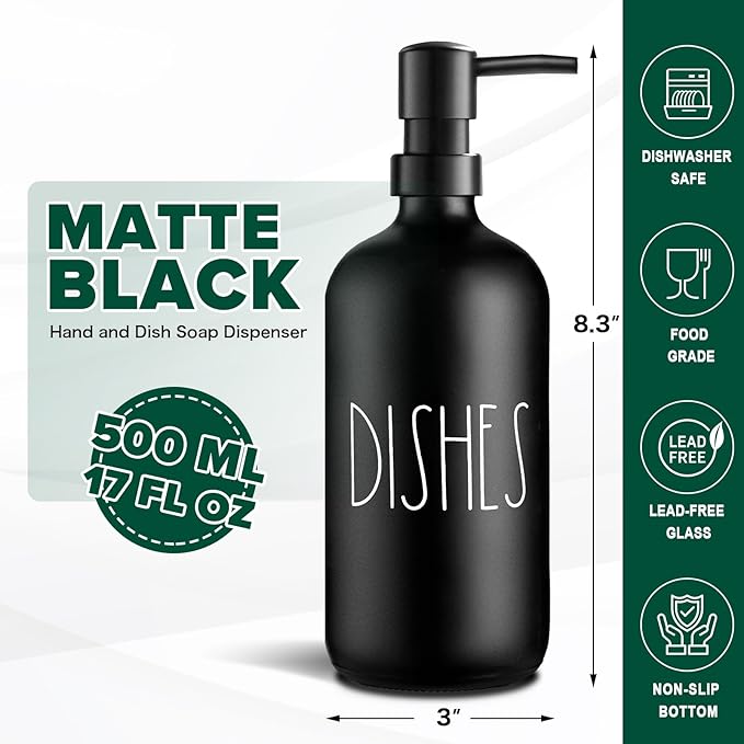 VIMERPA Hand and Dish Soap Dispenser Set, Matte Black Hands Dishes Soap Dispenser Set for Kitchen, 2 Pack Glass Soap Dispensers Set with Plastic Pump, 17 Fl Oz Refillable Liquid Soap Bottles