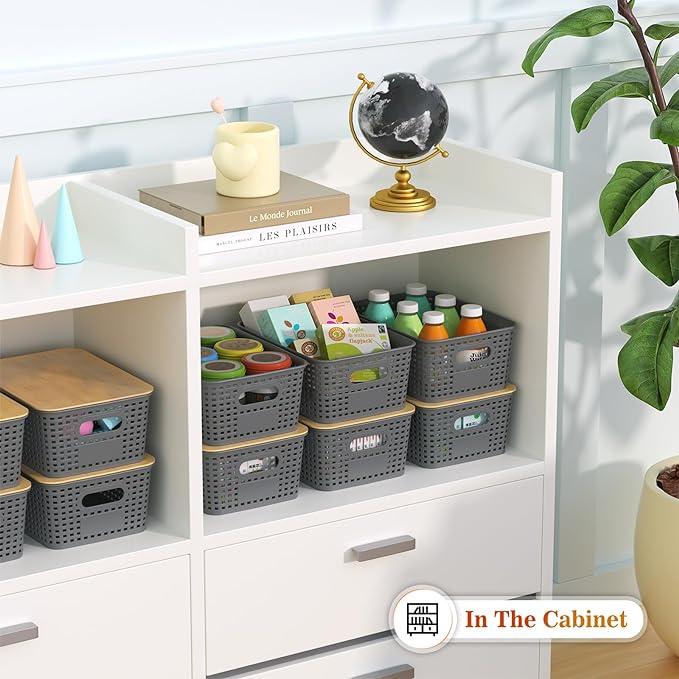 Plastic Storage Baskets With Bamboo Lid - Plastic Storage Containers Stackable Storage bins: Storage Baskets for Organizing Shelves Drawers Desktop Closet Playroom Classroom Office, 6 Pack, Gray