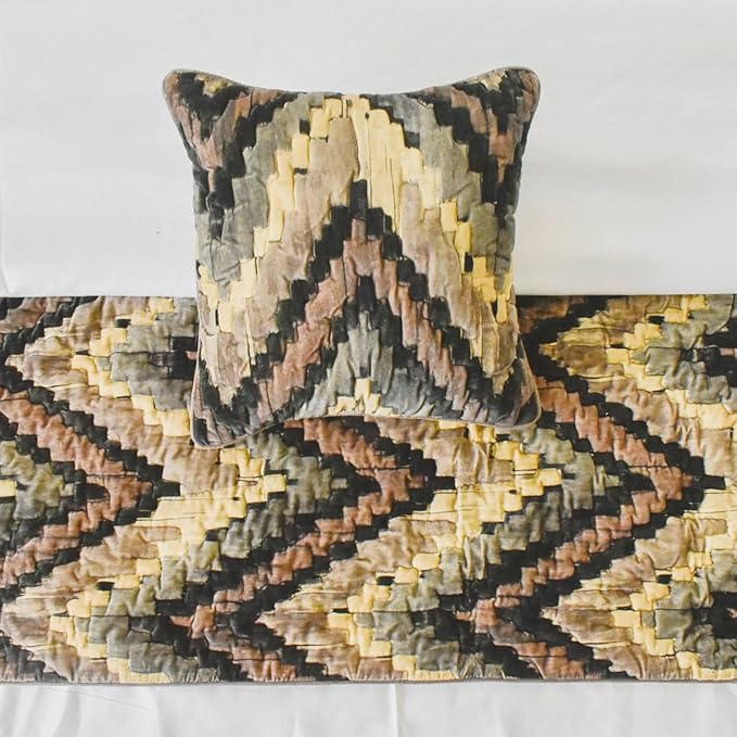 The HomeCentric King/Queen/Twin Beige Decorative King 90"x18" Bed Runner with Pillow Cover, Abstract, Chevron, Quilted Bed Scarf on Suede Velvet Fabric - Paramount