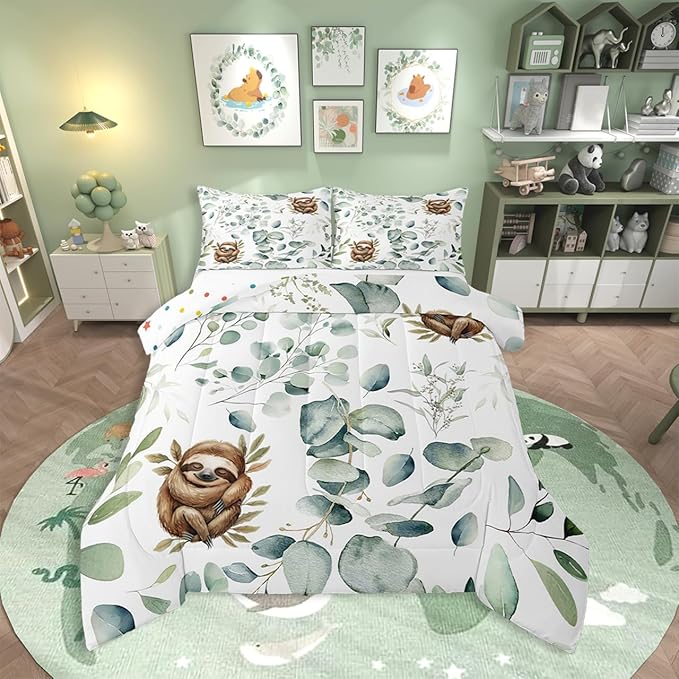 Erosebridal Girls Kawaii Animal Queen Bedding Sets Cute Sloth Comforter Set, Cartoon Wildlife Down Comforter Green Leaf Bedding Comforter Sets, Spring Plant Duvet Insert Child Kids Bedroom Decor