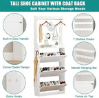 Shoe Cabinet for Entryway with 3 Flip Drawers, White Tall Wood Shoe Storage Cabinet with Coat Rack, Narrow Hidden Slim Freestanding Shoe Rack Organizer, 2 in 1 Hall Tree for Living Room, Hallway