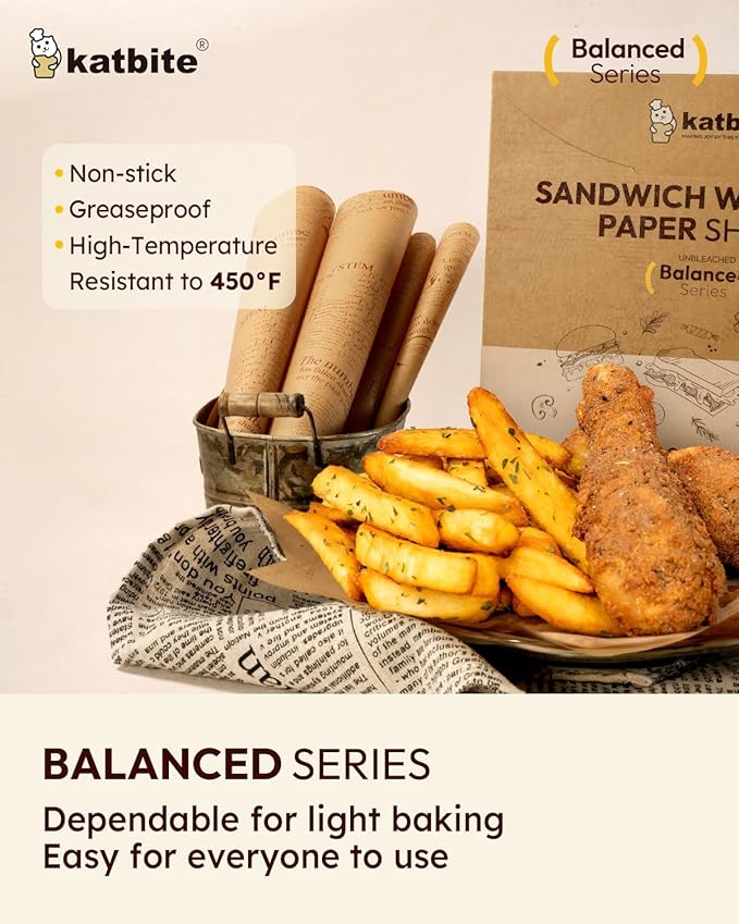 Katbite 100Pcs 12 In Food Wrapping Paper, New Pattern Heavy duty Deli Paper, Greaseproof & Non-stick Parchment Paper, Pre-cut Unbleached Parchment Paper is Perfect for Wrap Bread, Burger and Sandwich
