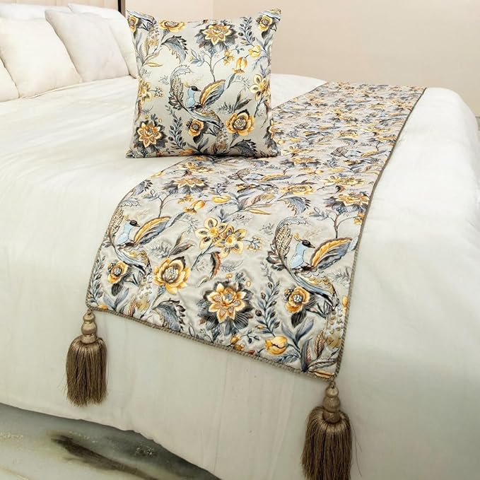 The HomeCentric King/Queen/Twin Grey & Yellow Decorative Twin 53"x18" Bed Runner with 2 Pillow Cover, Peacock, Quilted & Tassels Bed Scarf on Satin Fabric - Peacock Swag