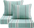 Outdoor Patio Chair Cushions Set, 24" x 24", Set of 2, Water-Repellent, Fade Resistant, Deep Seat Bottom and Back Cushion for Backyard, Couch, Sofa and Patio Furniture, Aqua Stripe