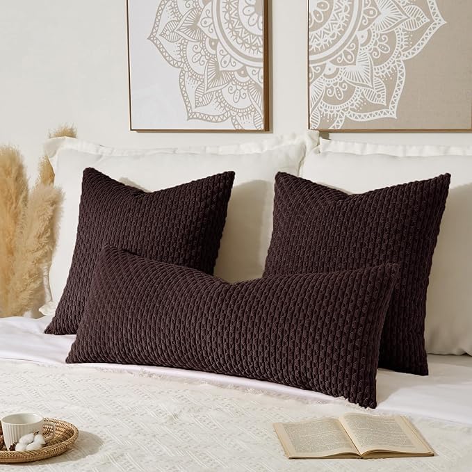 Kevin Textile 14x36 Inch Long Lumbar 1 Pack Boho Decorative Throw Pillow Cover Soft Striped Corduroy Rectangle Cushion Case Farmhouse Accent for Living Room Couch Sofa Bed, Coffee