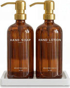 Luxury Glass Soap and Lotion Dispenser Set with Tray by Brighter Barns - Hand Soap Dispenser Bathroom Set w/Stainless Steel Pump - Gold Bathroom Decor for Guest House, Airbnb, Spa, Gift (Amber/Gold)