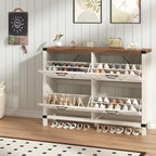 YOMILUVE Shoe Storage Cabinet with 4 Flip Drawers, Farmhouse Shoe Cabinet for Entryway, Slim Shoe Rack Freestanding Shoe Organizer with Barn Door, Brown and White