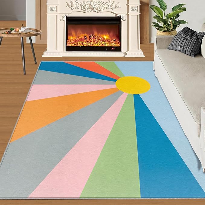 Boho Sun Area Rugs 5x7ft, Abstraction Deco Rugs for Living Room, Minimalist Sunburst Floor Rug Sturdy and Non-Shedding for Bedroom Hardwood Floors Teen Room