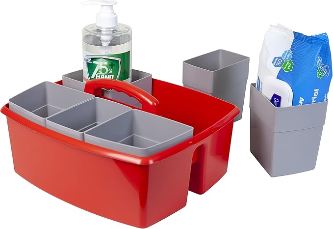 Storex Large Classroom Caddy with Cups, 13 x 11 x 6.575 Inches, Red, Case of 2 (00981U02C)
