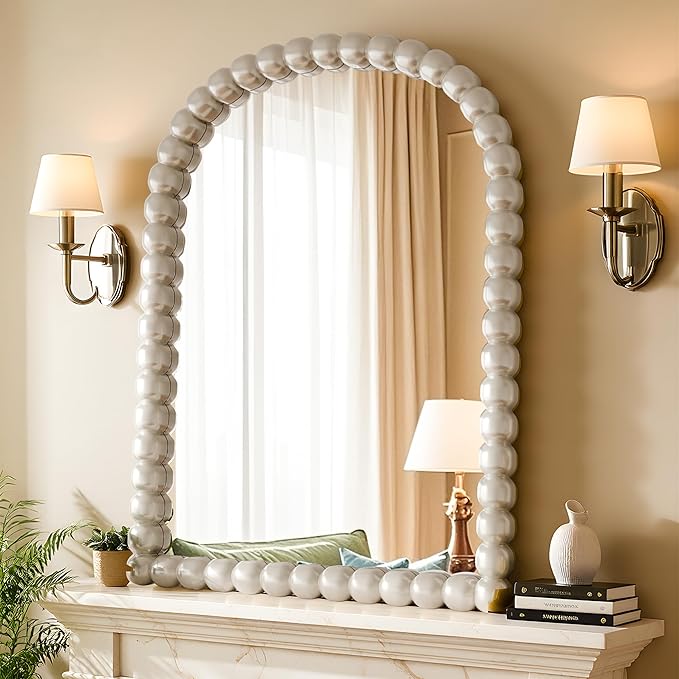 30"×38" Silver Arched Bathroom Vanity Mirror, Vintage Beaded Decorative Wall Mounted Makeup Mirror, as Wall Decor Hanging Leaning for Fireplace Mantle, Living Room, Bedroom, Vanity Area
