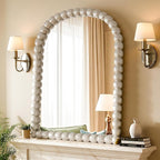 30"×38" Silver Arched Bathroom Vanity Mirror, Vintage Beaded Decorative Wall Mounted Makeup Mirror, as Wall Decor Hanging Leaning for Fireplace Mantle, Living Room, Bedroom, Vanity Area