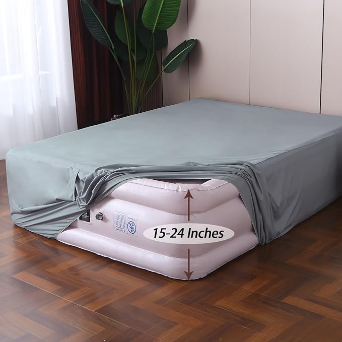 Queen Fitted Sheet for Air Mattress,with 24 Inch Extra Deep Pockets,Ultra Soft Durable Breathable Bed Sheets Cover for Inflatable Air Bed,with Pump Opening,Inflate at Any Time-Gray