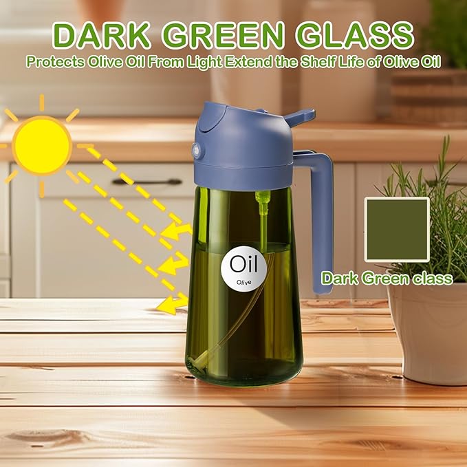 YARRAMATE 16oz/470ml Dark Green Oil Sprayer for Cooking with Stickers, Food-grade Premium 2 in 1 Olive Oil Dispenser Bottle for Kitchen Gadgets, Air Fryer, Salad, Frying, BBQ (Navy)