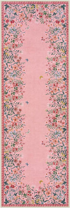 Wonnitar 2x6 Runner Rug for Hallways, Pink Floral Bathroom Rugs Non Slip Washable, Low Pile Soft Botanical Runner for Girls Bedroom Laundry Room Bedside (Pink,2'x6')