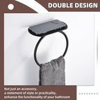 APLusee Matte Black Bath Towel Ring with Shelf, Stainless Steel Towel Holder, Wall Mount