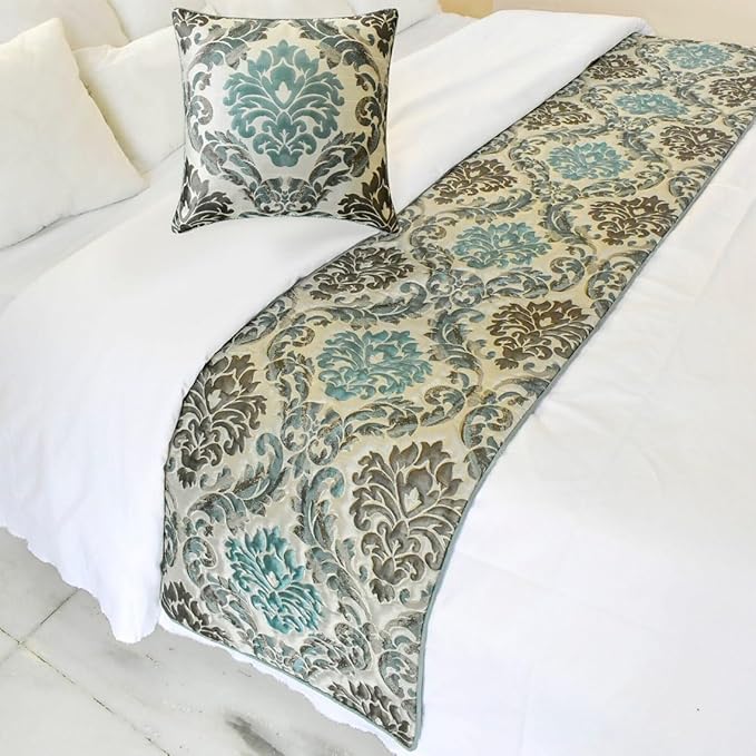 The HomeCentric King/Queen/Twin Blue Designer Queen 74"x18" Bed Runner with Pillow Cover, Damask Bed Scarf on Jacquard Fabric - Royal Elegance