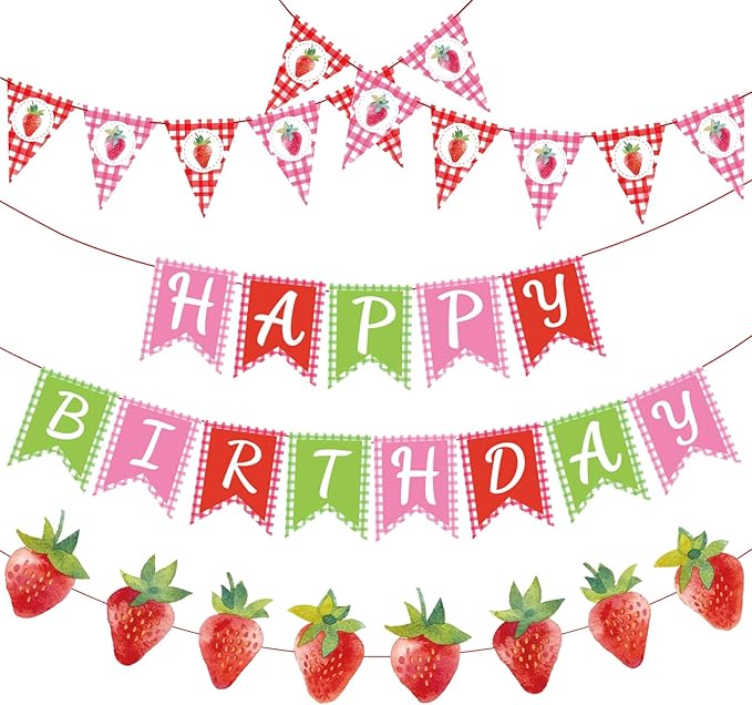Strawberry Birthday Banners, 5 Pcs Girl Party Banners, Berry First Birthday Decor for Girls, Strawberry Baby Shower