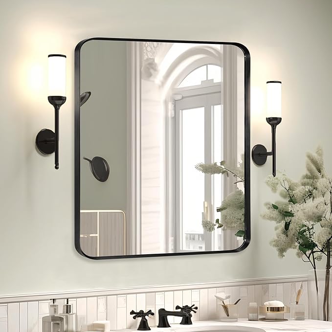 Black Metal Framed Bathroom Mirror for Wall, Brushed Matte Black Rounded Corner Rectangular Bathroom Vanity Mirror, Anti-Rust, Tempered Glass (30" x 36", Black)