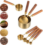 Stainless Steel Measuring Cups Set and Measuring Spoons Wooden Handle Metal Measure Cups and Spoons for Cooking and Baking, Gold, 8 Piece