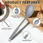 3Pcs Silicone Cooking Spoon Set, Kitchen Utensils Include Solid & Slotted Spoon, Soup Ladle, Food-Grade Heat Resistant 446°F, Non-Scratch Spoons for Serving, Stirring, Draining, Dishwasher Safe, Gray