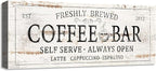 Coffee Bar Sign Decor Rustic Kitchen Canvas Sign Farmhouse Bar Hanging Wall Decor Self Serve Always Open Vintage Plaque Signs for Coffee Station Home Office 6x17