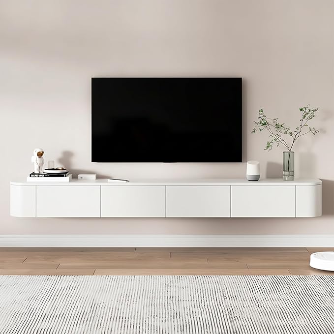 Floating TV Stand 87 Inch Wall Mounted TV Cabinet with 2 Drawers, TV Media Console with Flip-Down Door & Drawers for Living Room (White, 86.6")