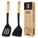 Silicone Wok Spatula Turner Set, Perfect for Scooping, Flipping, Lifting Pancakes and Picking up Veggies, BPA-Free Matte Silicone, Wooden Handles, Safe for Nonstick Cooking Surfaces (Grey)