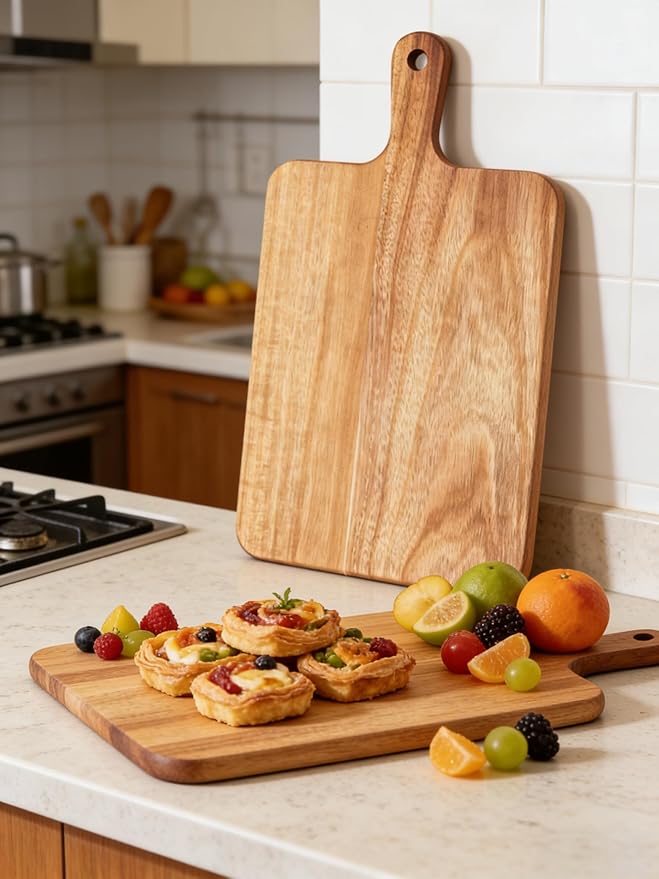 ZeQi 6 PCS Acacia Wood Cutting Board with Handle (6PCS, 16"L x 9"W), Wooden Cutting Boards, Chopping Board, Charcuterie Board, Serving board for Cheese, Bread, Pizza, Vegetables & Fruits