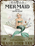 Mermaid Bathroom Decor Tin Sign Metal Wall Art for Seaside Bath & Shower Waterproof 12x16 Inch