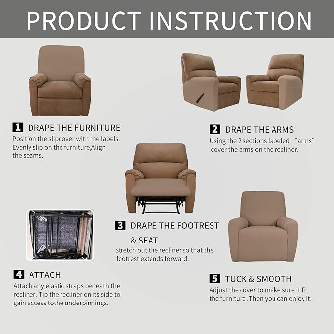 Easy-Going 4 Pieces Oversized Recliner Stretch Sofa Slipcover Sofa Cover Furniture Protector Couch Soft with Elastic Bottom Polyester Spandex Jacquard Fabric Small Checks Camel,X-Large