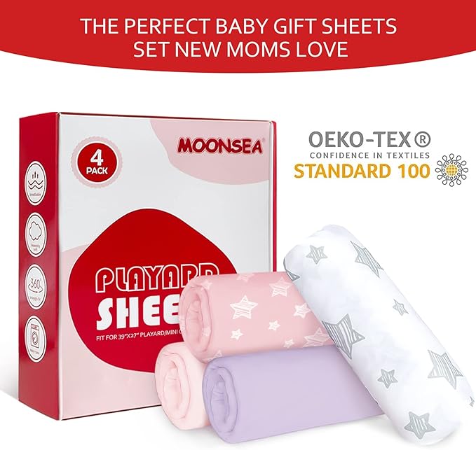 Pack and Play Sheets Girl, 4 Pack Mini Crib Sheets, Stretchy Pack n Play Playard Fitted Sheet, Compatible with Graco Pack n Play, Soft and Breathable Material, Pink