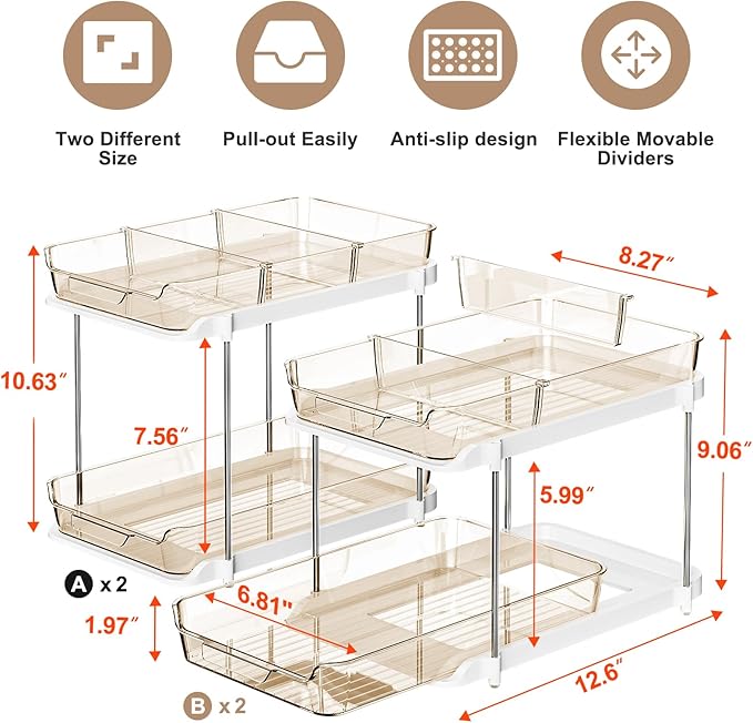 Delamu 2-Tier Multi-Purpose Bathroom Under Sink Organizers and Storage, Stackable Kitchen Pantry Organization, Pull Out Medicine Cabinet Organizer with Movable Dividers, Amber, 4 Pack