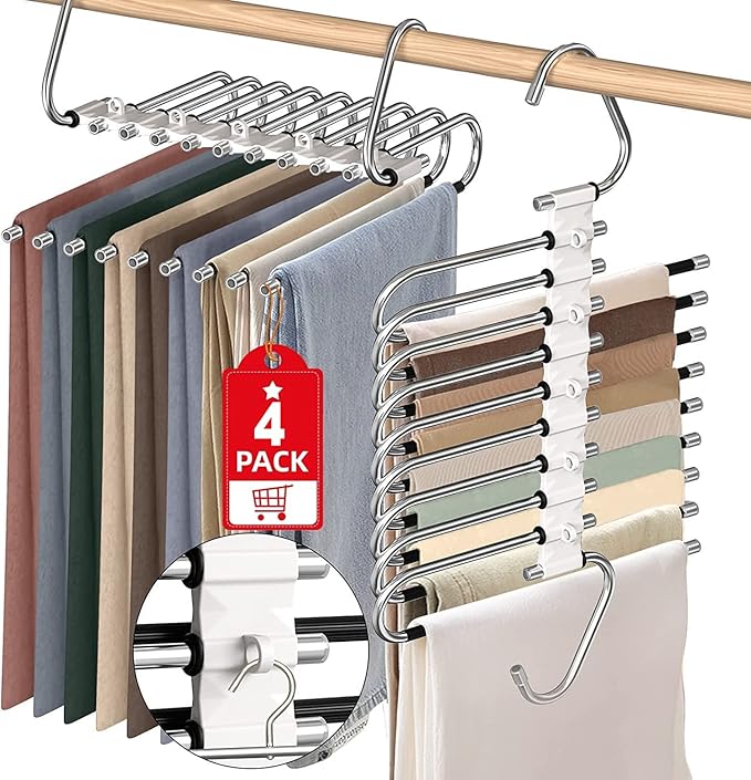 Upgrade 9 Layers Pants Hangers Space Saving, Non Slip Stainless Steel Multifunctional Pants Rack S-Type Clothes Pant Closet Hanger Organizer for Pants Jeans Trousers Scarf Skirts(4 Pack, Antiquewhite)