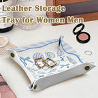 Coastal Beach Coastal Seashell Jewelry Valet Tray for Women, Beach Lovers Gifts PU Leather Catchall Beside Caddy Nightstand Organizer Tray for Jewelry Rings Watches and Accessories,7.87x7.87in