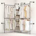 Industrial Pipe Clothing Rack, Heavy Duty Adjustable Garment Hanger with Shelves, 2 Installation Methods Closet Storage System for Wardrobe Organization (Black, 80" H x 86" W)