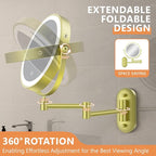 Auxmir 1X/30X Wall Mounted Makeup Mirror with Light, 8" Rechargeable Double-Sided Magnifying Mirror, Vanity Mirror Dimmable 3 Color Light, 360° Extension Rotation Foldable 14.5 Inch Arm, Gold