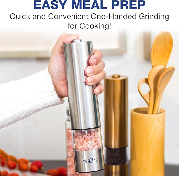 Eparé Salt or Pepper Grinder Mill Electric – Battery Operated Stainless Steel Mill with LED Light, Adjustable Ceramic Core, and One-Hand Push Button for Effortless Seasoning and Cooking