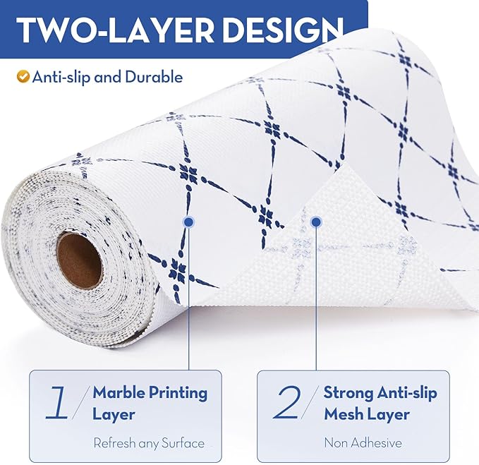 Drawer Shelf Liner for Cabinet,Slip Resistant Non Adhesive Liner for Kitchen, BPA Free Shelf Liners for Cabinets, Bathroom Cupboard Drawers,12IN x 20FT,Blue Stripe
