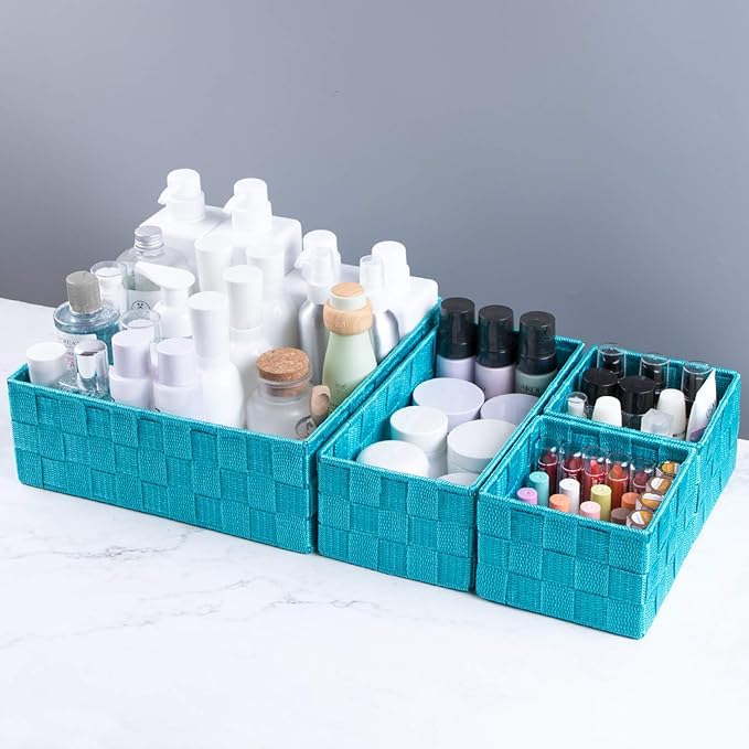 Posprica Woven Storage Baskets for Organizing, Small Black Baskets Cube Bin Container Tote Organizer Divider for Drawer, Closet, Shelf, Dresser, Set of 4(Aqua)