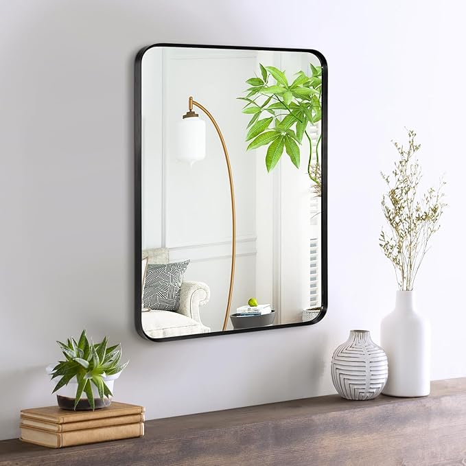Wall Mount Mirror for Bathroom, Brushed Black Metal Framed Rounded Corner Rectangular Vanity Mirror (18" x 24", Black)