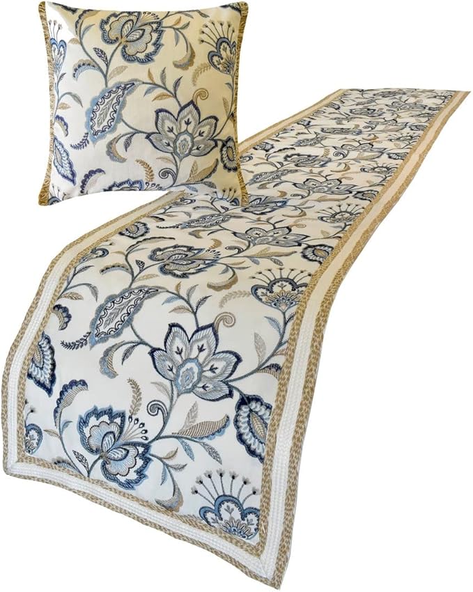 The HomeCentric King/Queen/Twin Blue Designer Queen 74"x18" Bed Runner with 2 Pillow Cover, Floral, Embroidered, Jute Lace & Lace Bed Scarf on Cotton Fabric - Morning Glories