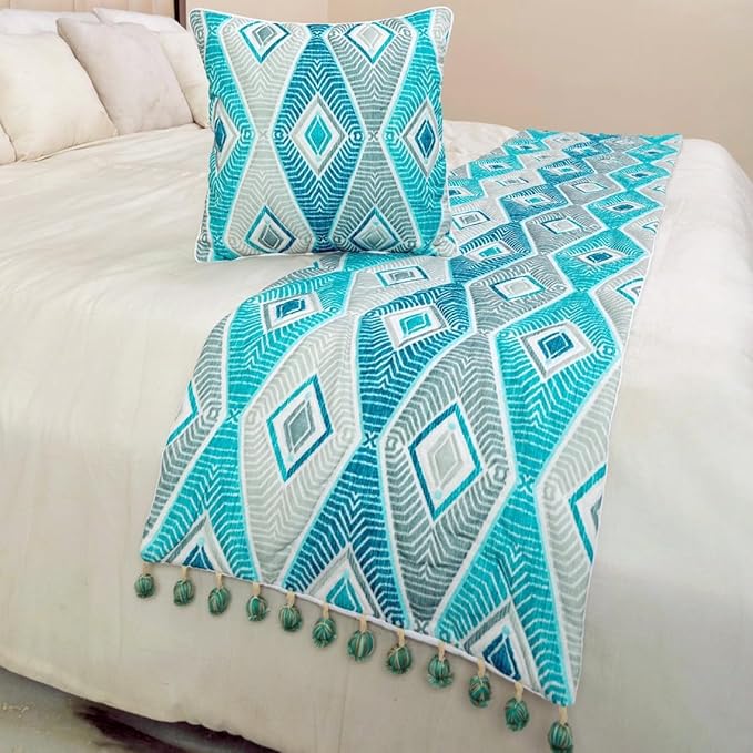 The HomeCentric King/Queen/Twin Blue, Ivory & Grey Decorative Twin 53"x18" Bed Runner with 2 Pillow Cover, Quilted & Printed Bed Scarf on Cotton Fabric - Tallulah