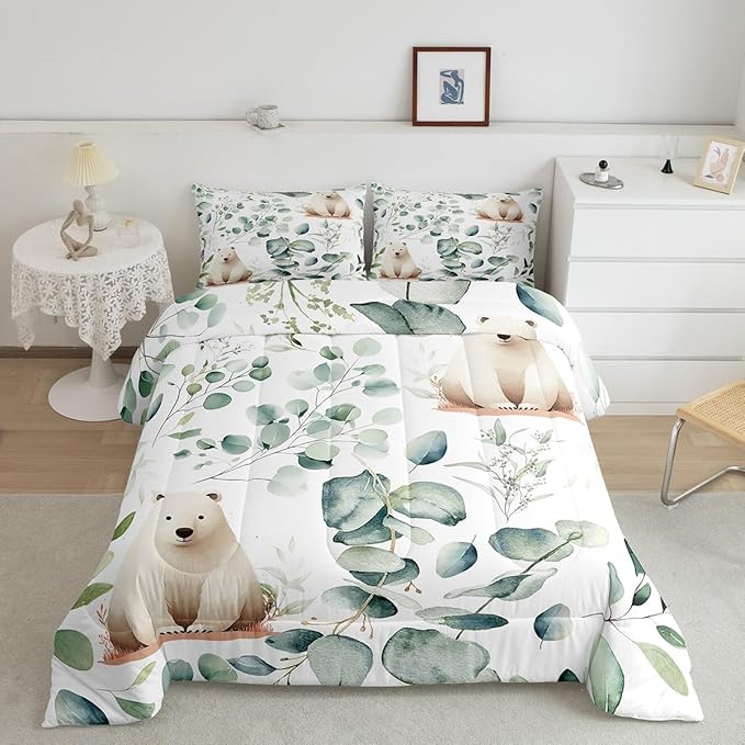 Erosebridal Boys Cartoon Animal Queen Comforter Set for Kids Toddler Kawaii Polar Bear Bedding Set Queen, Arctic Wildlife Bedding Comforter Sets White Green Duvet Set, Eucalyptus Quilted Comforter