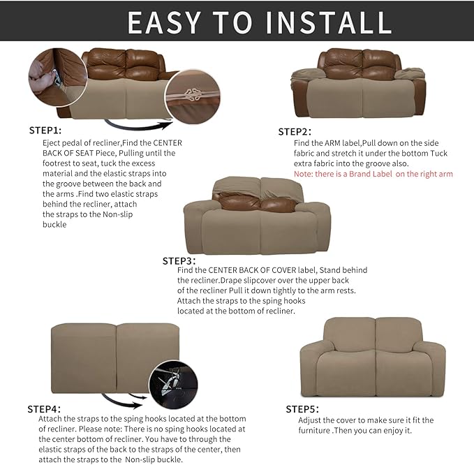 Easy-Going 6 Pieces Recliner Loveseat Stretch Sofa Slipcover Sofa Cover Furniture Protector Couch Soft with Elastic Bottom Kids, Spandex Jacquard Fabric Small Checks Natural