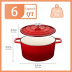 Velaze 6 QT Enameled Cast Iron Dutch Oven, Dual Handles Pot with Lid, Heavy-Duty Non-stick Round Oven for Bread Baking, Stewing, Roasting, Good Sealing for All Heat Source (Red)