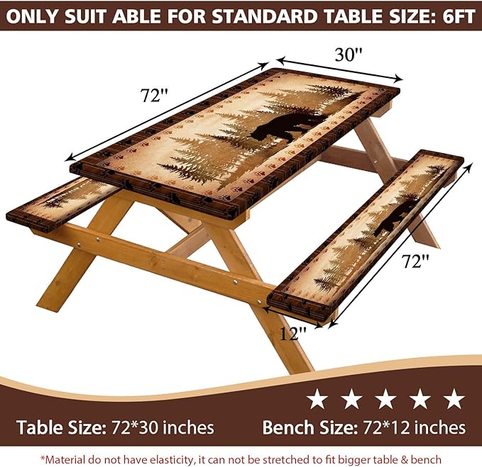 30X72 Inch Brown Bear Picnic Table Cover with Bench Cover and Drawstring Bag, Waterproof Washable Fitted Outdoor Tablecloth Rectangular Elastic Edged for Camping Outdoor Travel, 3 Pieces Set