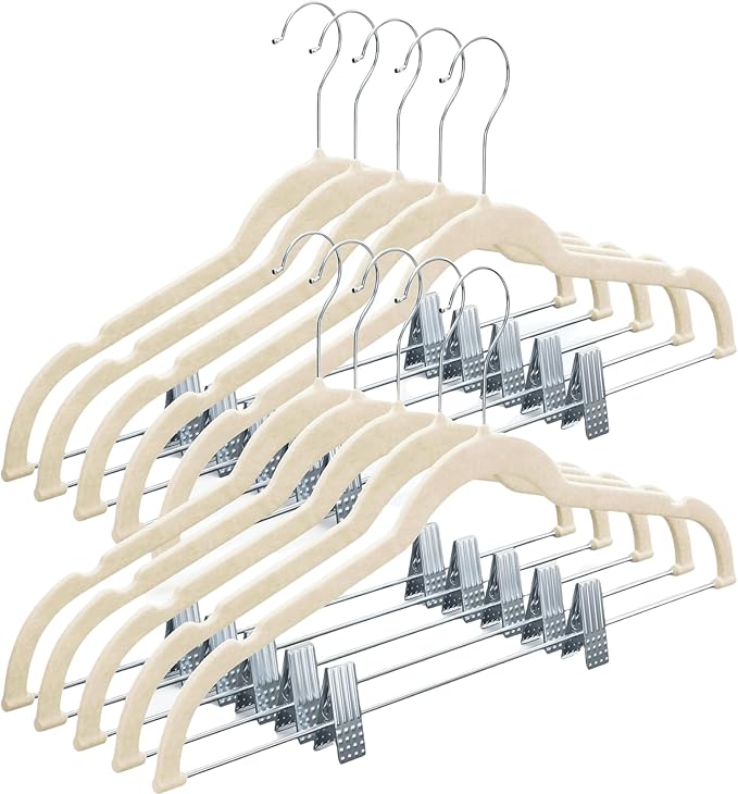 Home-it 10 Pack Velvet Hangers with Clips - Ivory Pants & Skirt Hangers - Ultra Thin No Slip Space-Saving for Pants, Skirts, Coats, Dresses, Tank Tops, Clothes