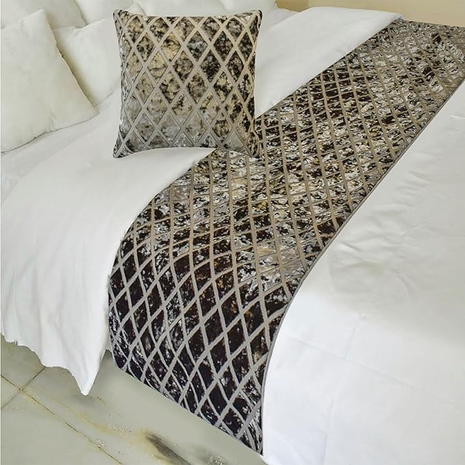 The HomeCentric King/Queen/Twin Grey Decorative Bed Runner Twin 53"x18" Bed Runner with One Pillow Cover, Diamond Pattern, Velvet Cut Bed Scarf on Velvet Fabric - Grey Velvet Verve