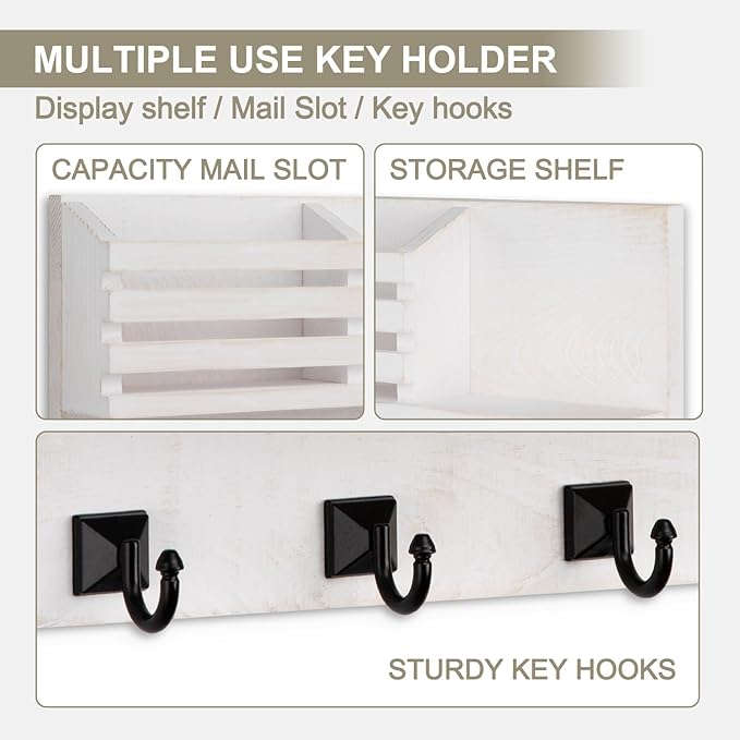 Key Holder Wall Mount, Mail Organizer for Wall with 5 Square Rustic Key Hooks Key Shelf Farmhouse Home Decor for Entryway